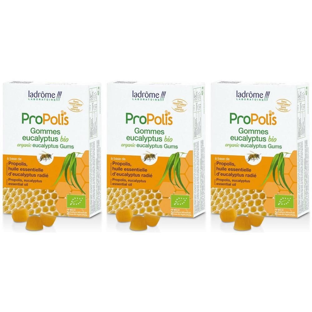 Trois boîtes de gommes Propolis Ladrôme à l'eucalyptus. Avec label bio.