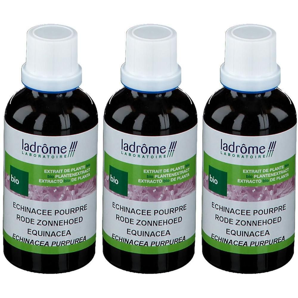 Trois flacons d'extrait de Ladrôme Echinacée. Liquide sombre dans des bouteilles en verre avec bouchons blancs.