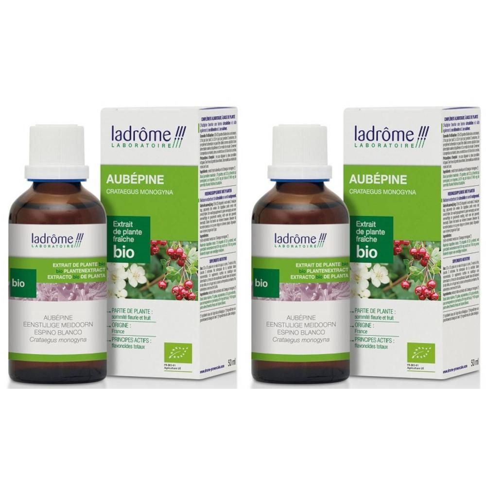 Twee flesjes Ladrôme Bio Meidoorn extract met verpakking. Bruine glazen flesjes met witte dop.