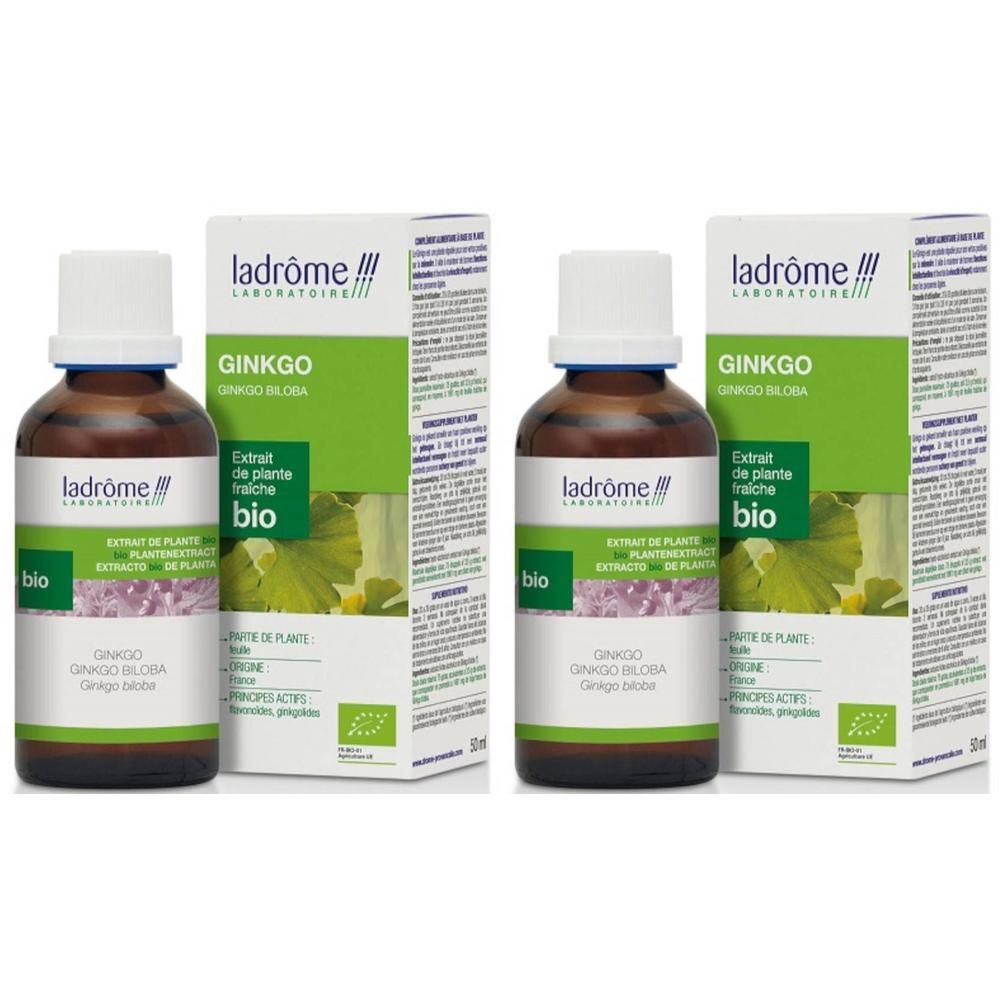 Twee flesjes Ladrôme Ginkgo Bio-extract met verpakking. Bruine glazen flesjes met witte dop.