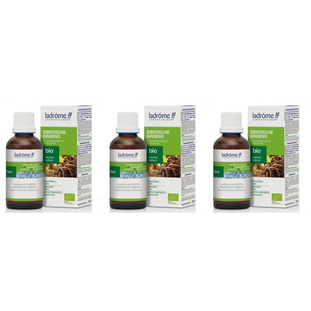 Drie flessen Ladrôme Siberische Ginseng extract met doosjes. Bruine glazen flesjes met witte dop.