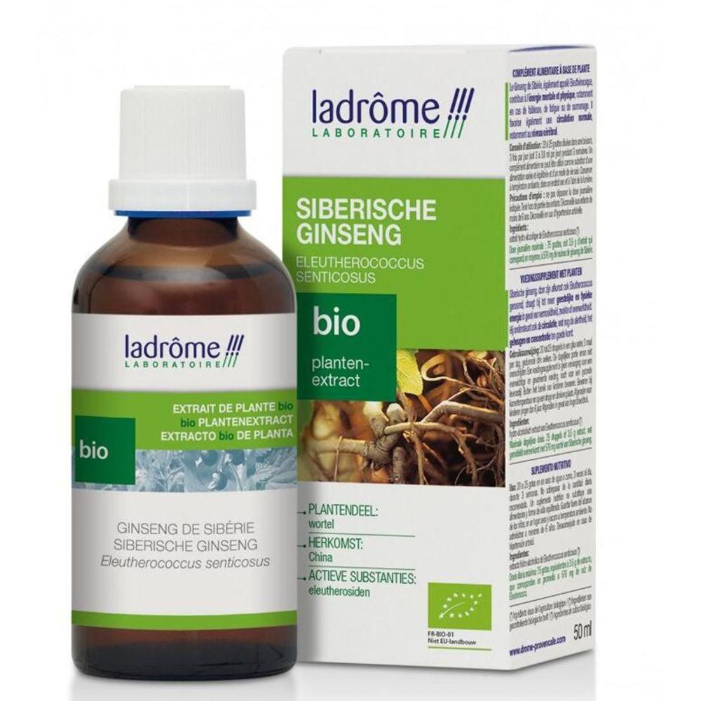 Ladrôme Extrait de Ginseng de Sibérie Bio en flacon de verre brun avec boîte.