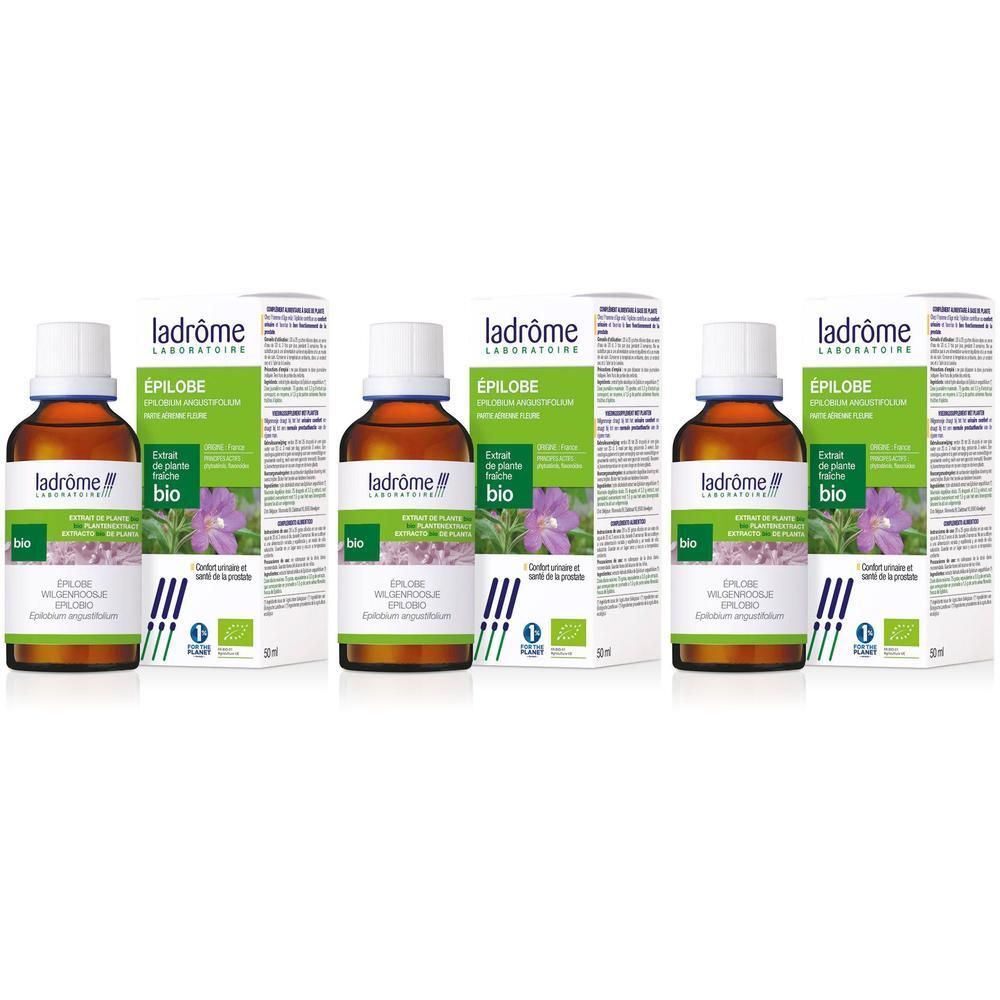 Trois flacons d'Extrait d'Épilobe Bio Ladrôme avec boîtes. Chaque flacon contient 30ml.