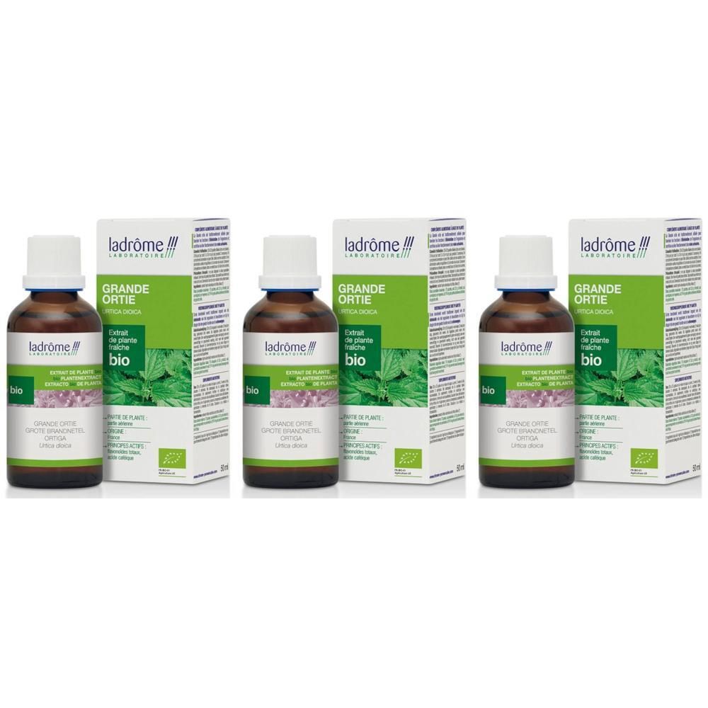 Drie flacons Ladrôme Extrait de Grande Ortie Bio met doos. Bruine glazen flacons met witte dop.