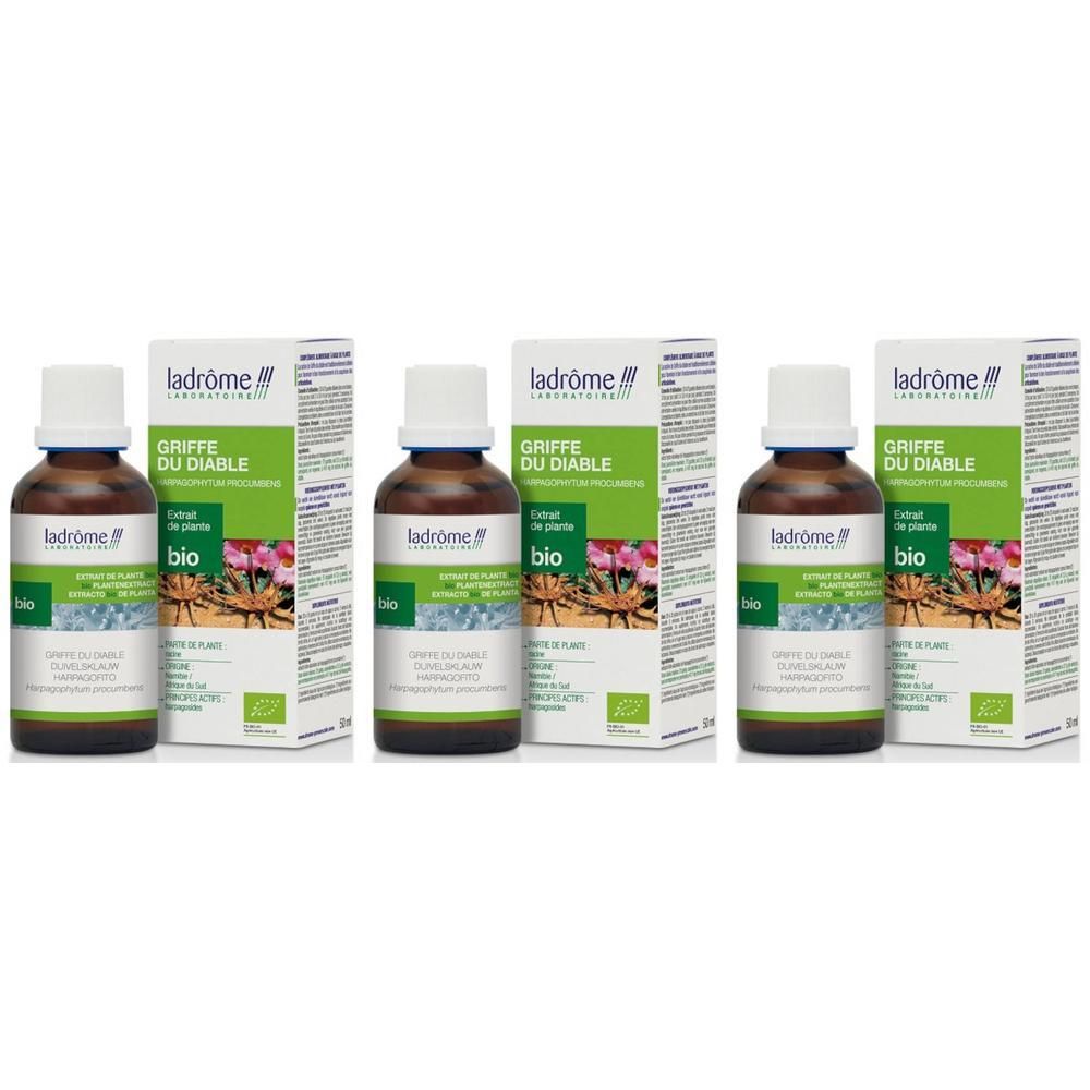 Drie flessen Ladrôme Duivelsklauw Bio extract met verpakking. Bruine glazen flesjes met witte dop.