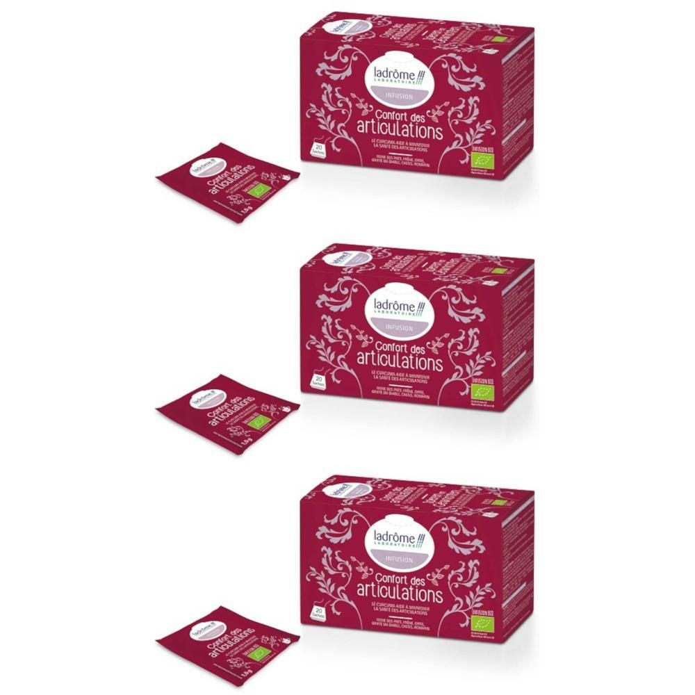 Trois boîtes de tisane Ladrôme Confort des Articulations, avec une pochette individuelle.