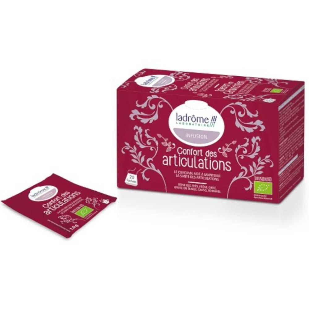 Ladrôme Infusion Confort des Articulations doos en individueel zakje. Rode verpakking met bloemenpatronen.