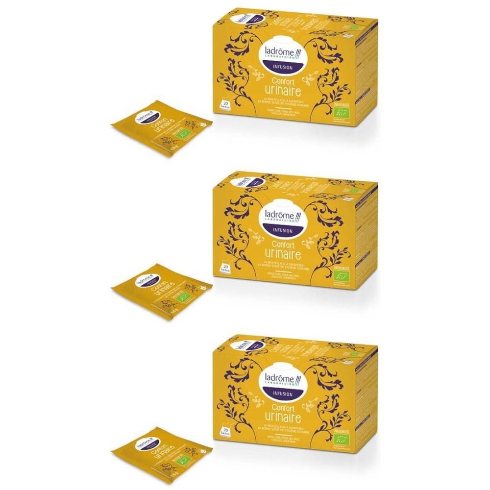 Trois boîtes de tisane bio Ladrôme Confort Urinaire, avec un sachet à côté de chaque boîte.