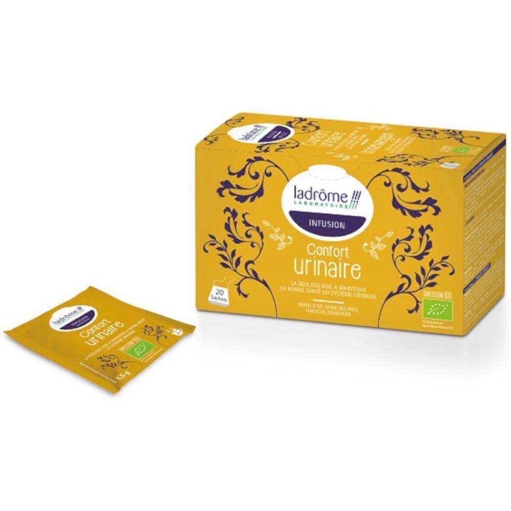 Ladrôme Infusion Confort Urinaire Bio : Boîte jaune de 20 sachets et un sachet individuel.