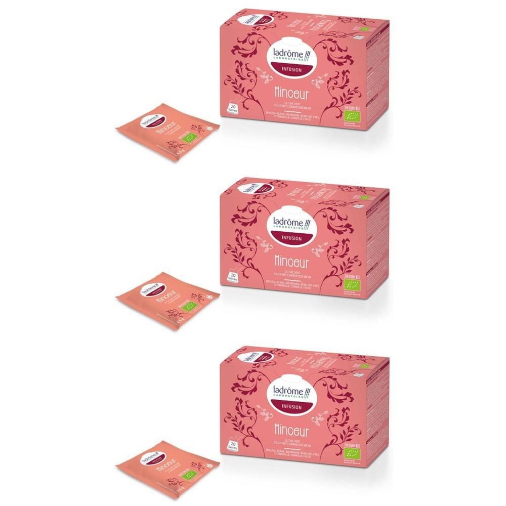 Trois boîtes de Ladrôme Infusion Minceur Bio avec une sachet individuel chacune.
