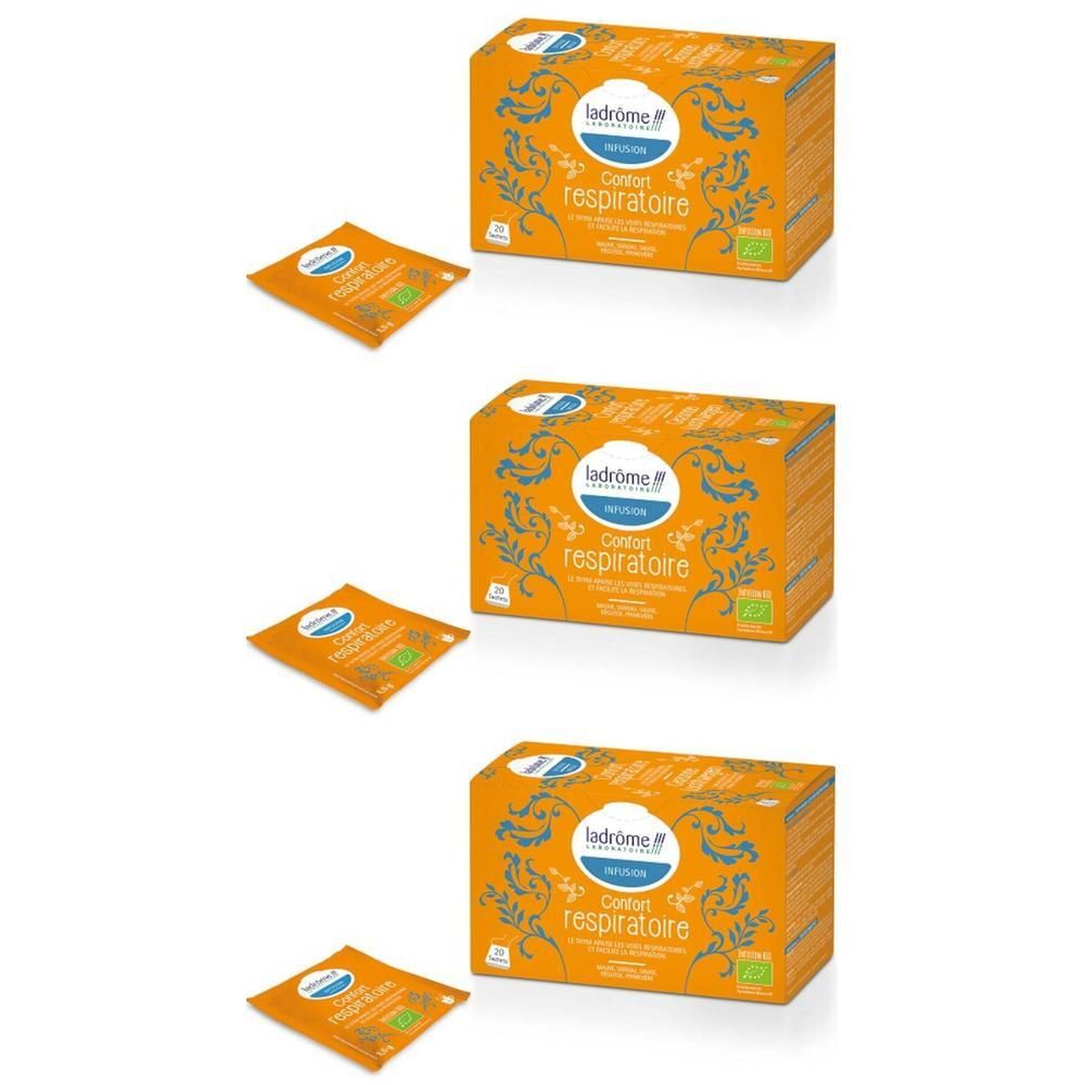 Trois boîtes de Ladrôme Infusion Confort Respiratoire Bio avec un sachet chacune.