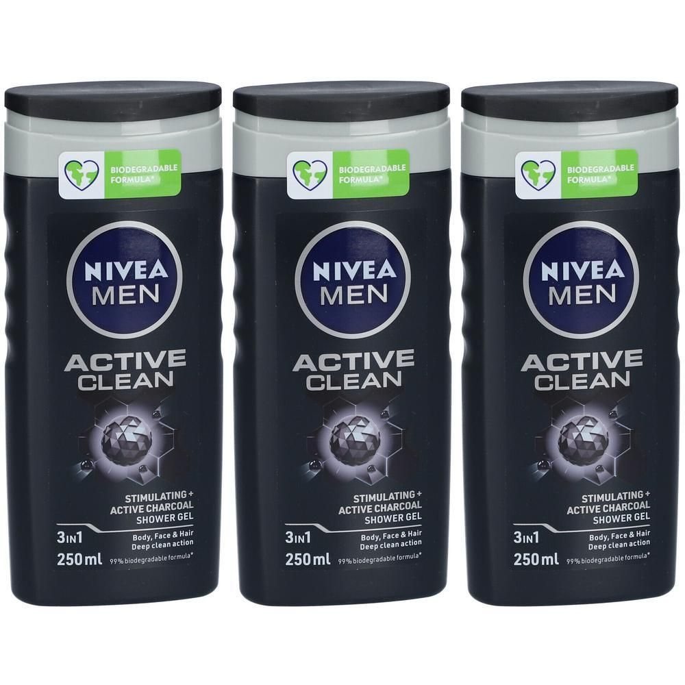 Trois flacons de gel douche Nivea Men Active Clean au charbon actif.