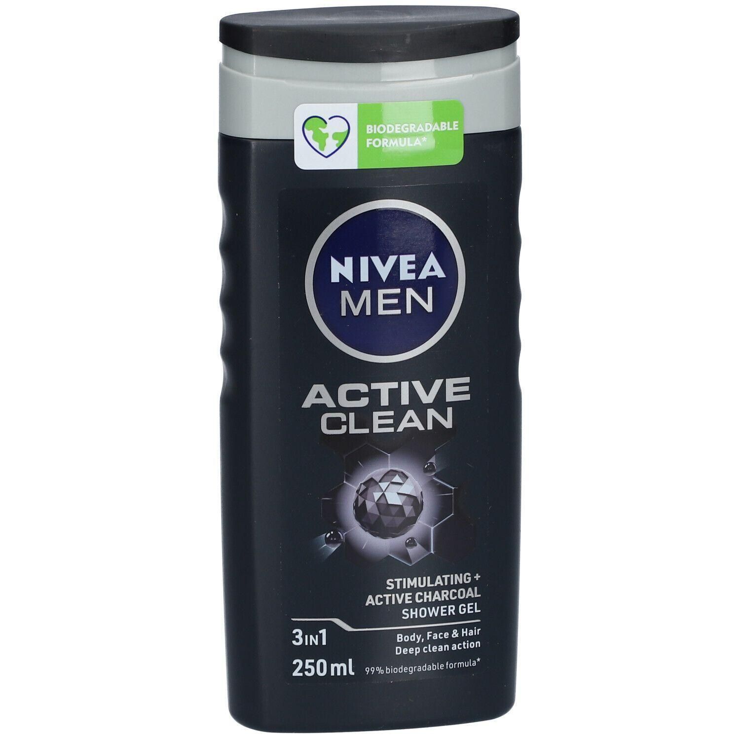 Gel douche Nivea Men Active Clean dans une bouteille foncée avec un bouchon noir. 250ml.