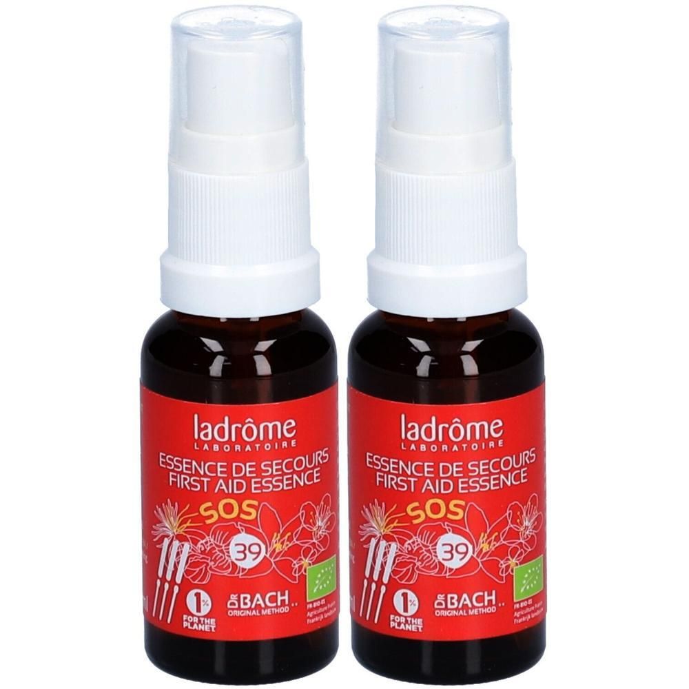 Deux flacons Ladrôme Bach Premier Secours Essence SOS avec tête de pulvérisation.