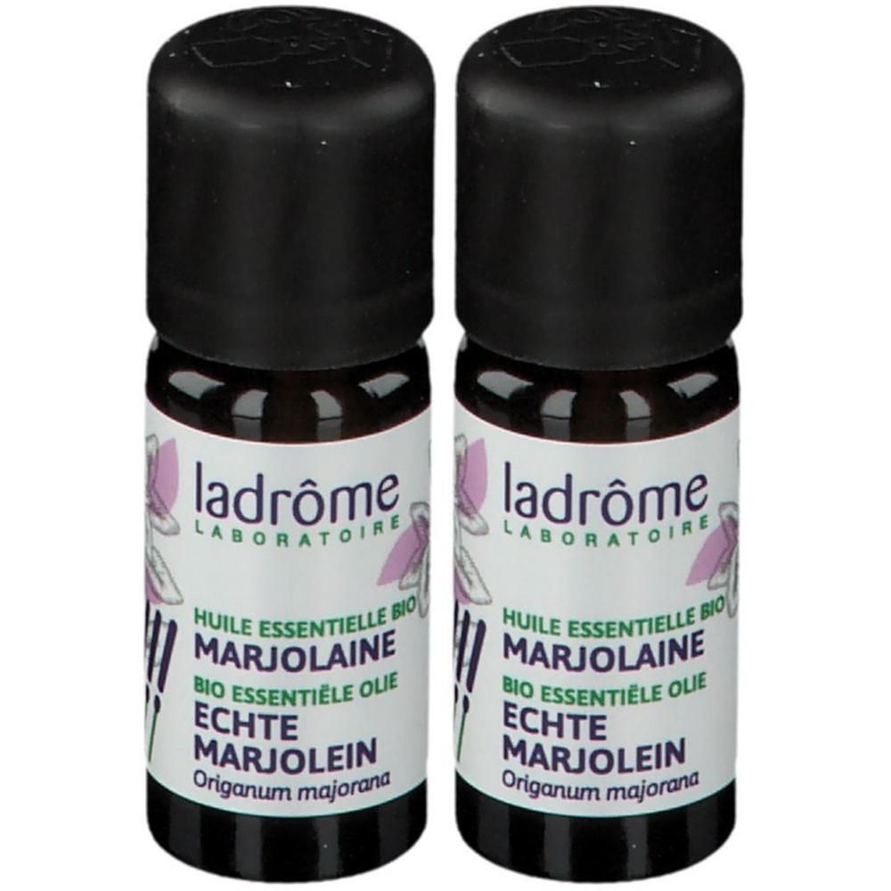 Twee flesjes Ladrôme biologische marjolein etherische olie.