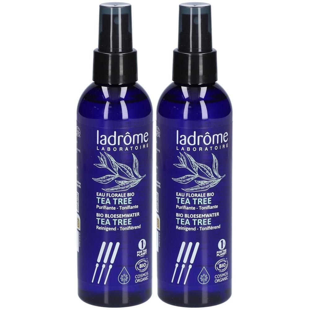 Deux flacons d'eau florale bio Tea Tree Ladrôme avec spray. Certifié Cosmos Organic.