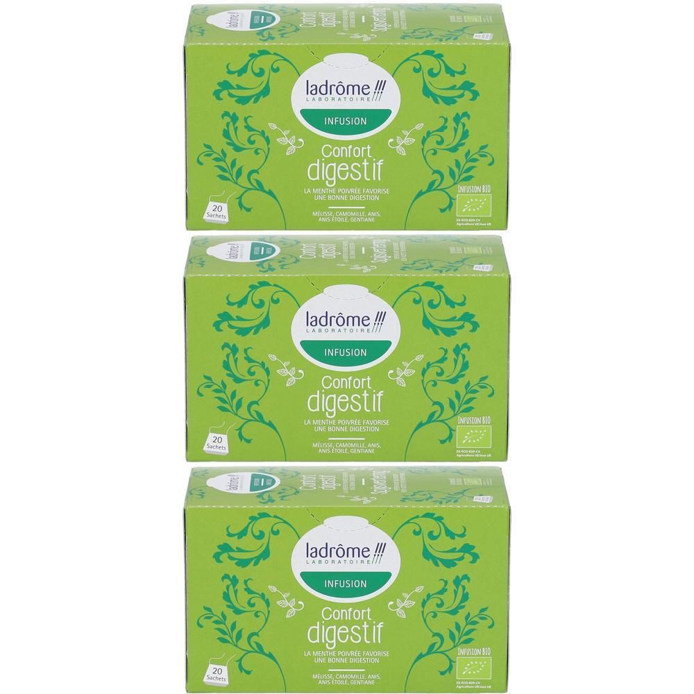 Trois boîtes vertes Ladrôme Infusion Confort Digestif avec motif floral et label Bio.