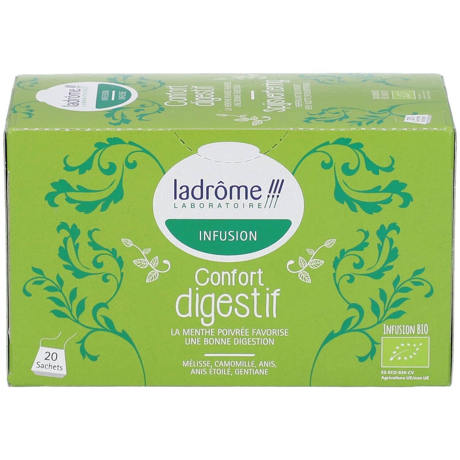 Boîte Ladrôme Infusion Confort Digestif, 20 sachets. Emballage vert orné de motifs végétaux.