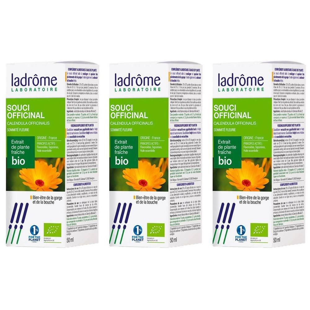 Trois boîtes Ladrôme Souci Officinal Bio Calendula Officinalis, 50ml.