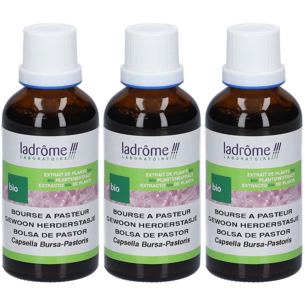 Trois flacons d'extrait bio de bourse à pasteur Ladrôme. Flacons en verre brun avec bouchons blancs.
