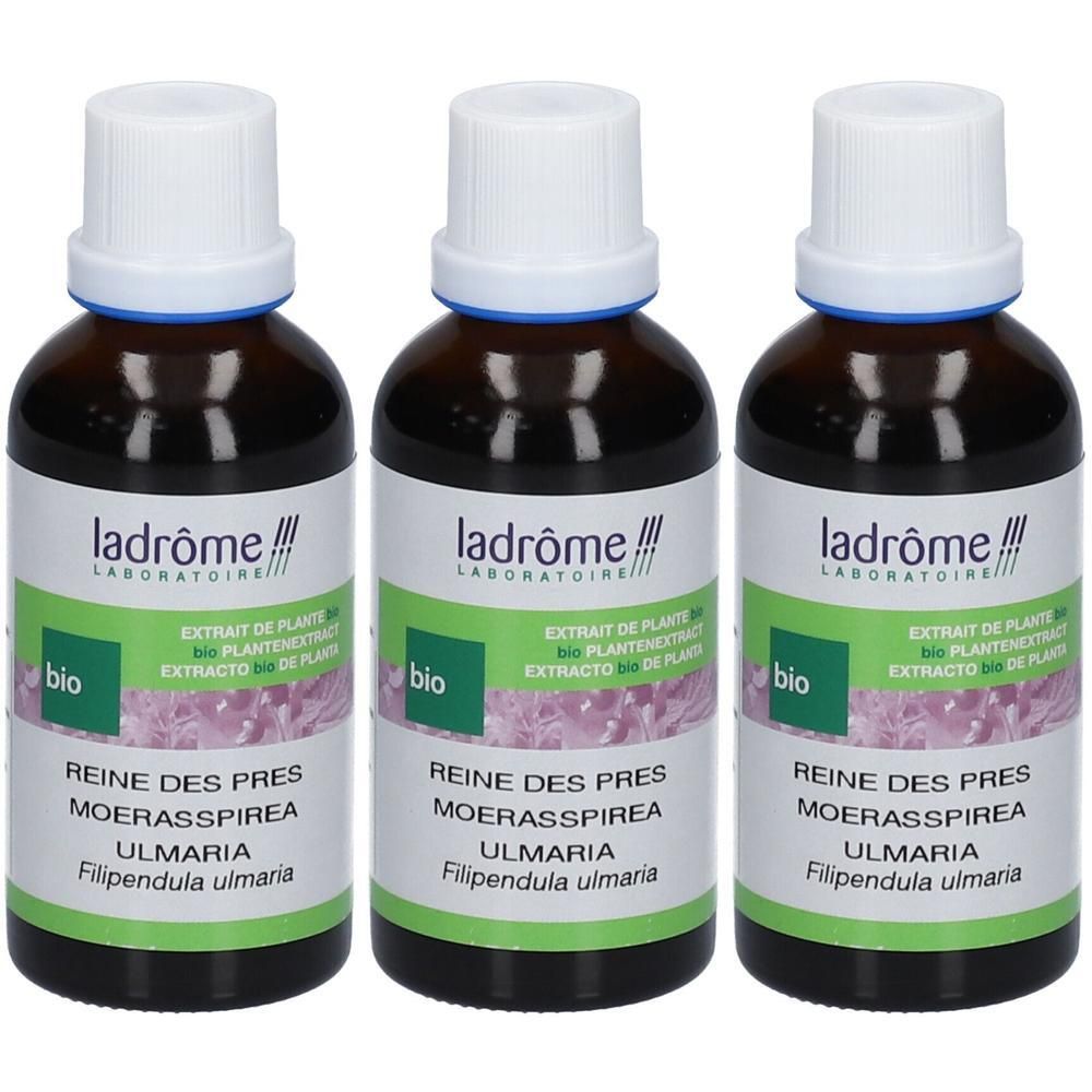 Trois flacons Ladrôme Bio Extrait de Reine des Prés. Flacons en verre brun avec bouchons blancs.