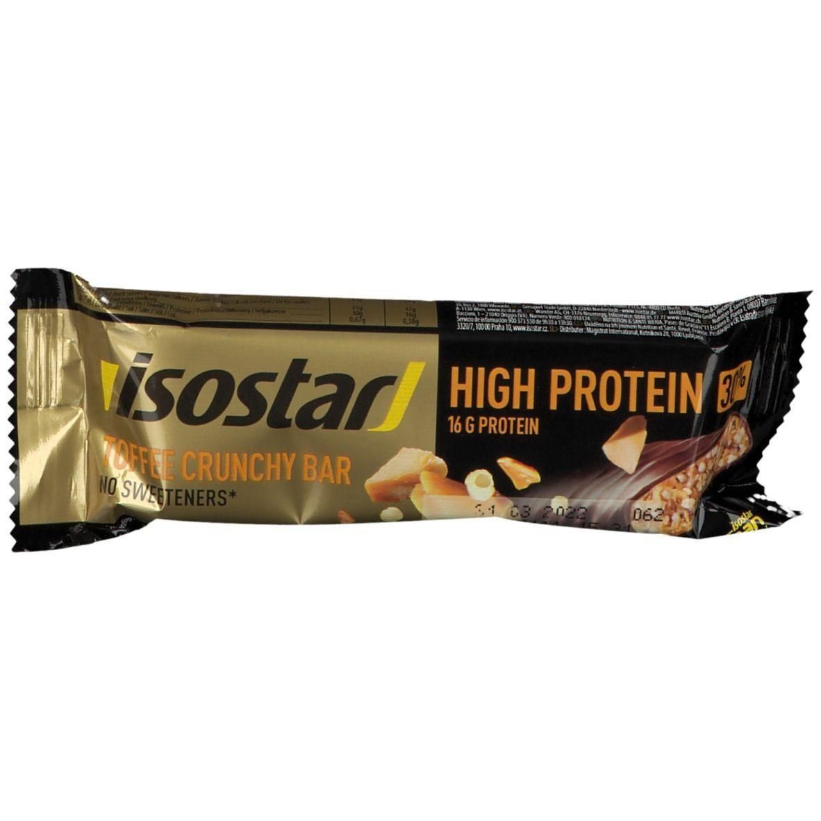 Isostar High Protein Toffee Crunchy Bar met 16g eiwit. Zonder zoetstoffen.