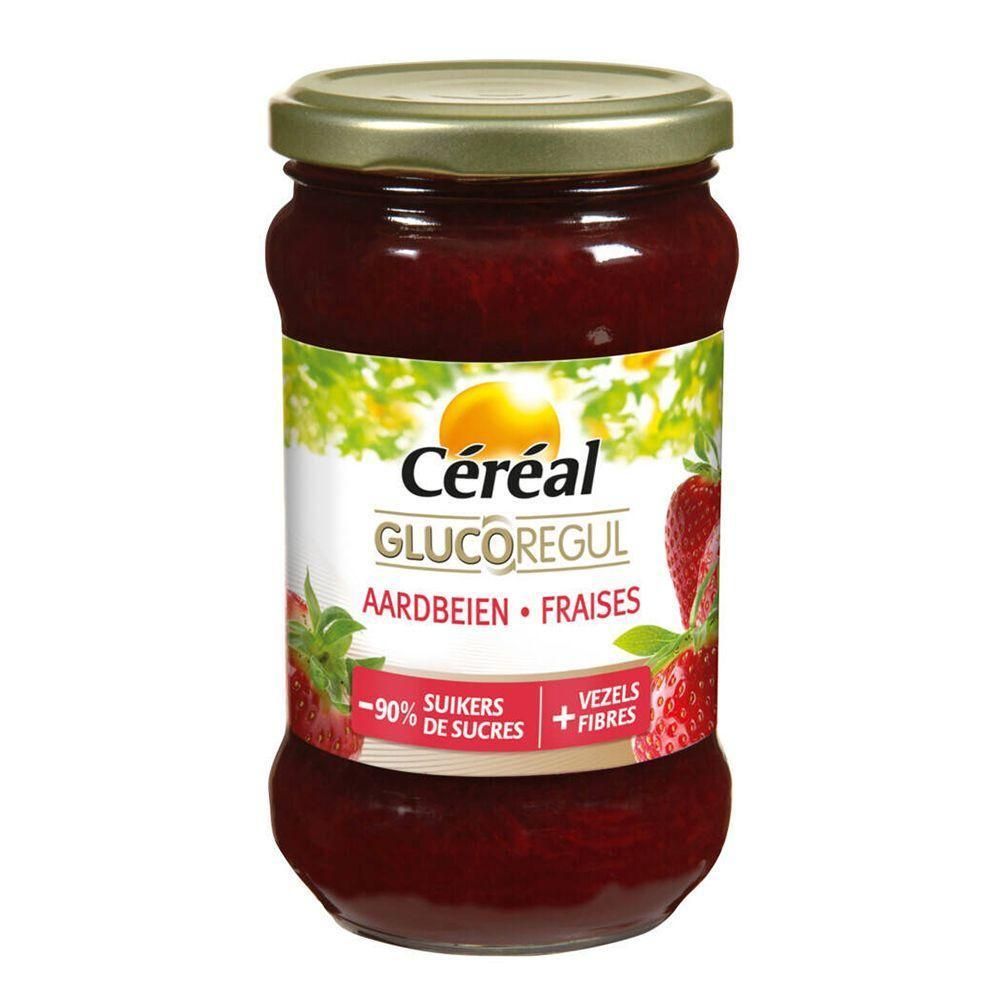 Céréal Glucoregul Aardbeien confituur in pot. Bevat 90% minder suikers en vezels.