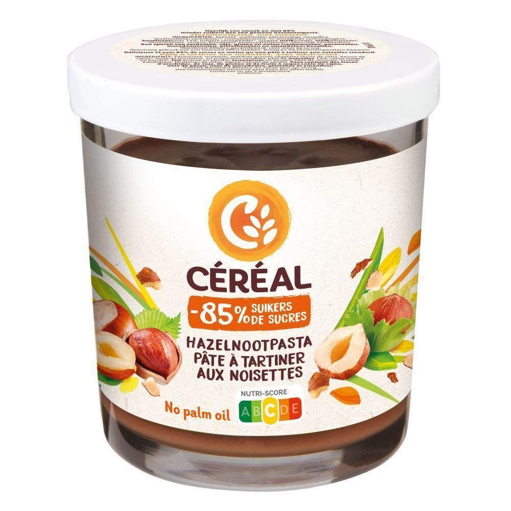Pâte à tartiner Céréal aux noisettes : -85% de sucres, sans huile de palme. Nutri-Score A.