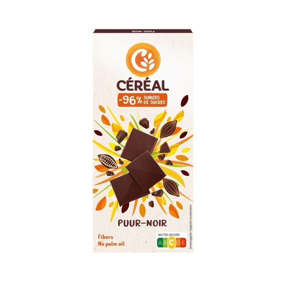 Céréal Tablet Noir: Pure chocolade met cacaobonen, 96% minder suiker, vezels, zonder palmolie.