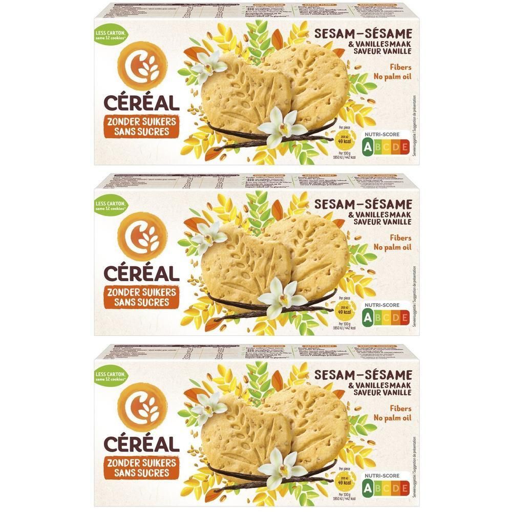 Trois paquets de biscuits Céréal Sésame saveur Vanille, sans sucres.