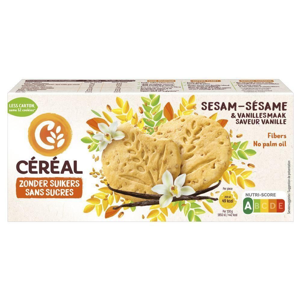 Céréal Sesam-Sesam koekjes met vanillesmaak, zonder suikers.