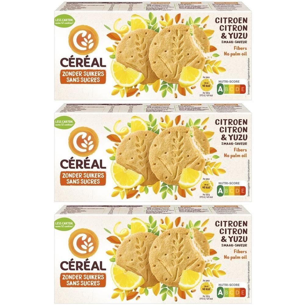 Trois paquets de biscuits Céréal Citron-Yuzu, sans sucres. Biscuits ronds avec des tranches de citron et des feuilles.