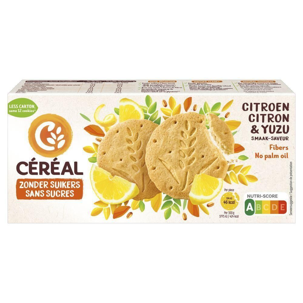 Biscuits Céréal Citron-Yuzu sans sucres. Deux biscuits avec des tranches de citron et des feuilles.