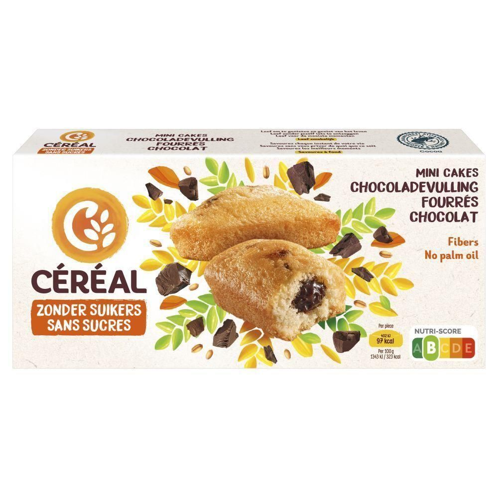 Céréal Mini Cakes fourrés au chocolat, sans sucres ajoutés, riches en fibres, sans huile de palme.