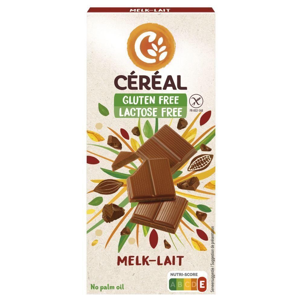 Céréal chocoladereep, glutenvrij en lactosevrij, met cacao- en graanelementen.