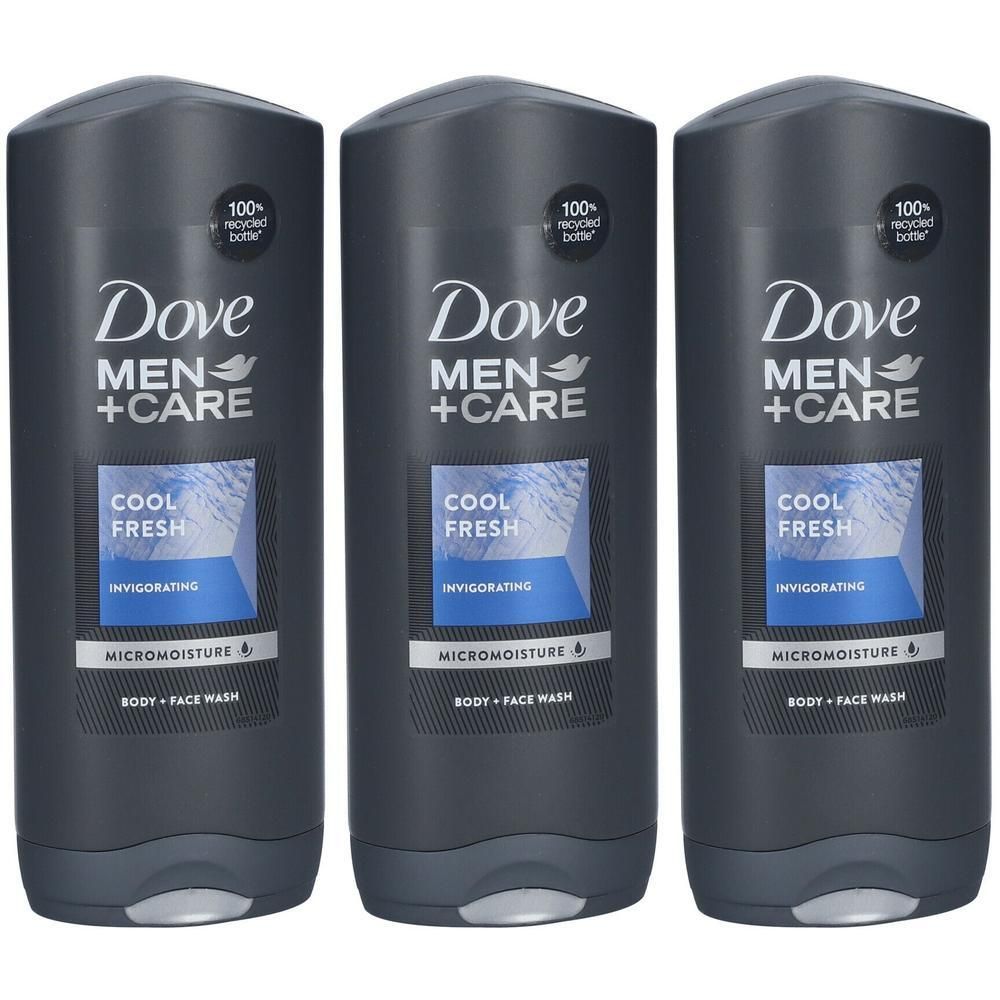 Drie flessen Dove Men+ Care Cool Fresh douchegel. Donkergrijze flessen met blauw etiket.