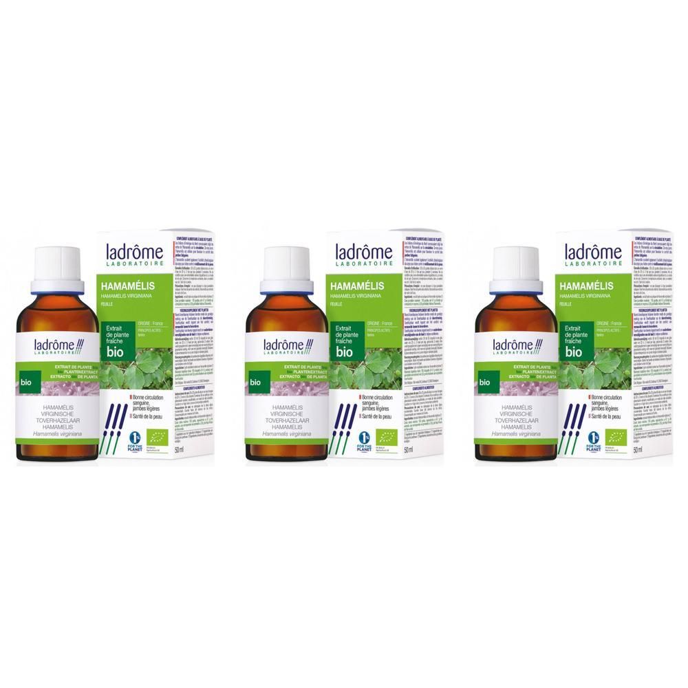 Trois flacons de Ladrôme Hamamélis Bio avec emballage. Flacons en verre brun avec bouchon blanc.