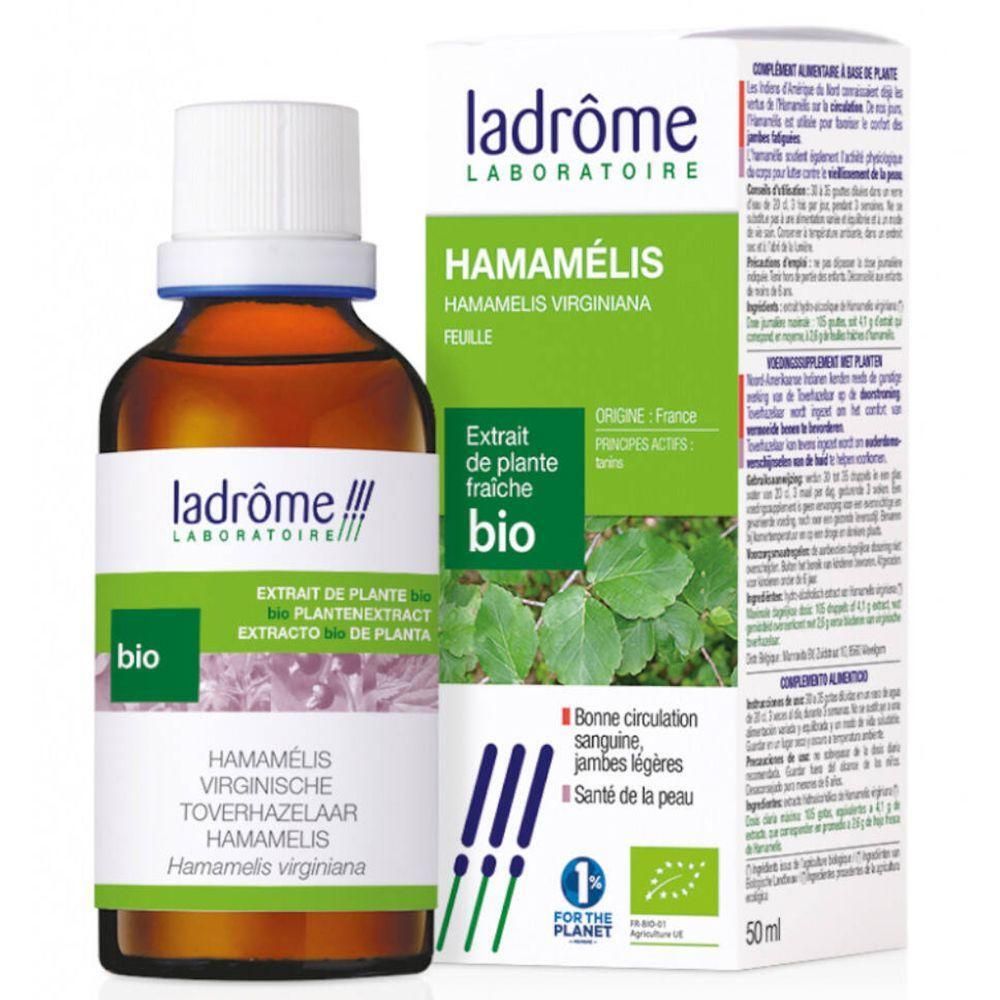 Extrait de plante bio Ladrôme Hamamélis en flacon brun avec boîte pliante. Sceau bio et indication 50ml visibles.