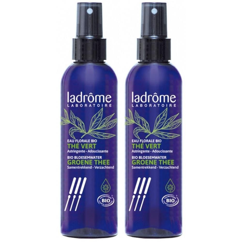 Deux flacons Ladrôme Eau Florale Bio Thé Vert avec vaporisateur.