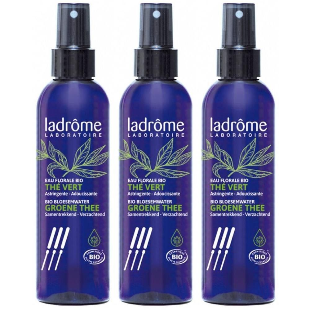 Drie flessen Ladrôme Bio Bloesemwater Groene Thee met spuitkop.