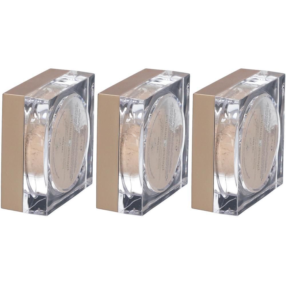 Drie losse minerale foundation containers met heldere vierkante behuizingen en gouden doppen.