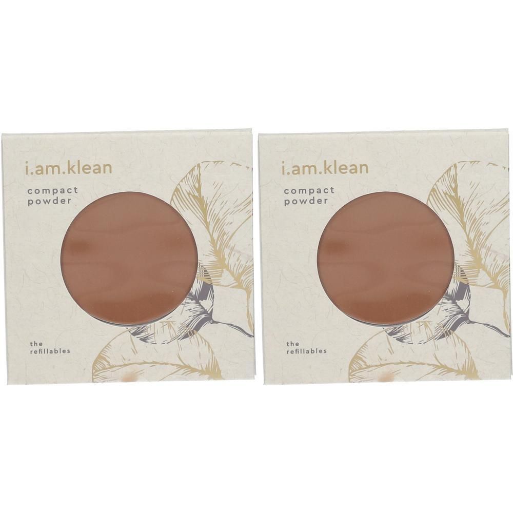 Deux recharges de poudre compacte i.am.klean avec poudre brune et décor de feuilles.