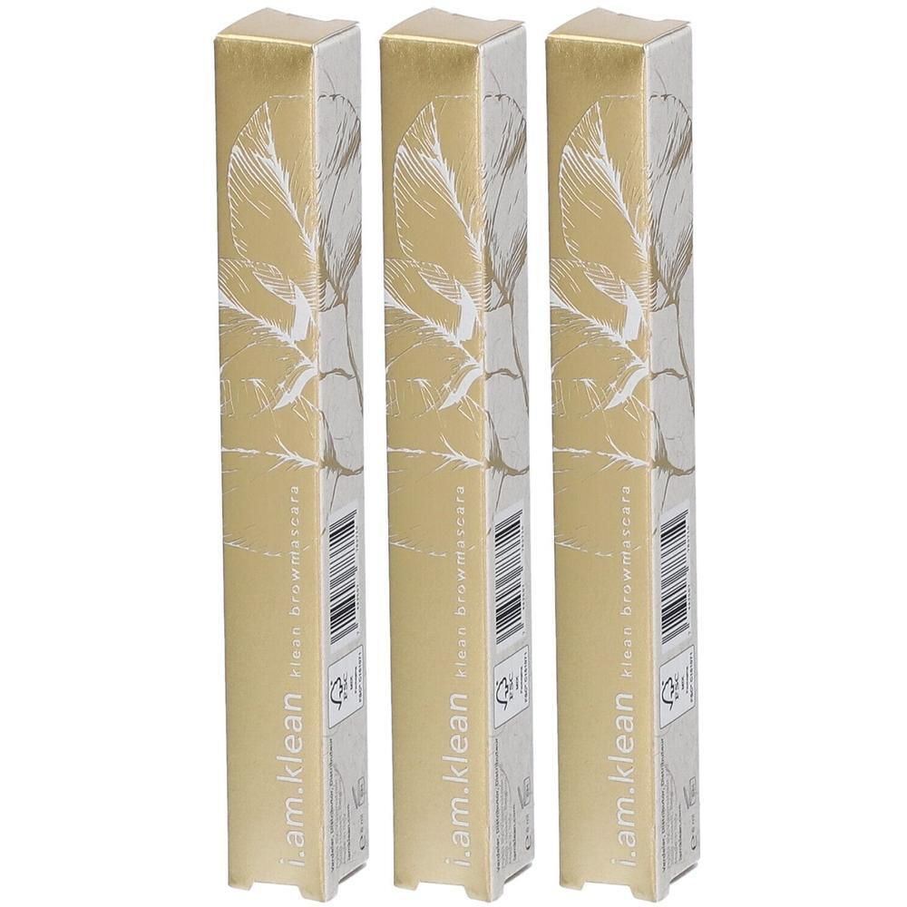Trois paquets de mascara pour sourcils i.am.klean Medium à Foncé, dorés avec motif feuille.