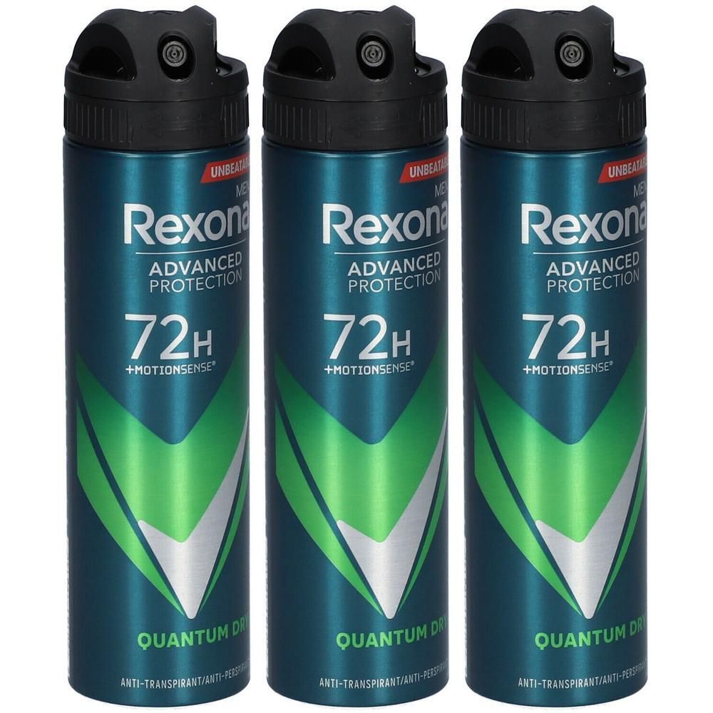 Trois déodorants Rexona Men Quantum Dry offrant 72h de protection et la technologie Motionsense.