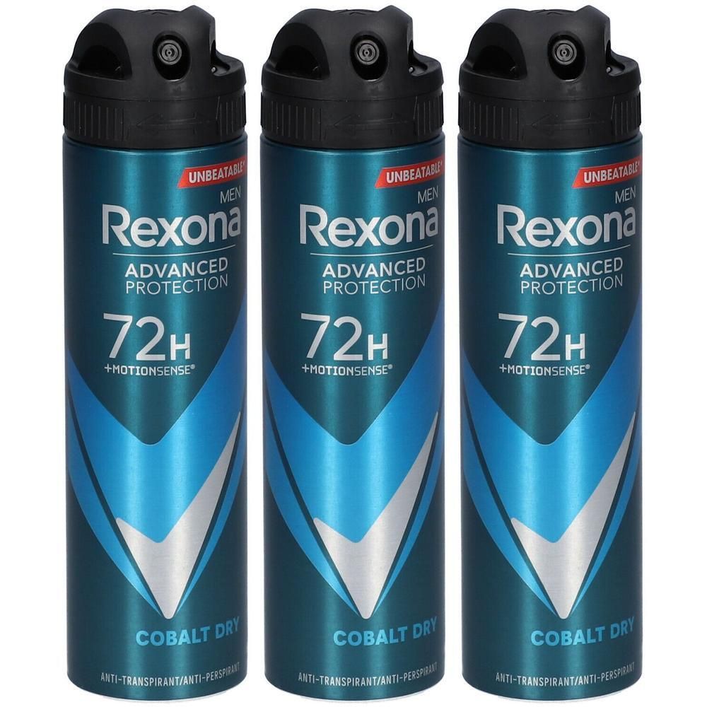 Drie Rexona Men Cobalt Dry deodorant sprays met 72 uur bescherming en Motionsense technologie.