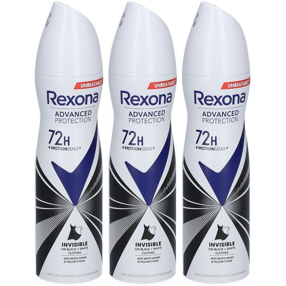 Trois déodorants Rexona Advanced Protection Invisible offrant 72h de protection.