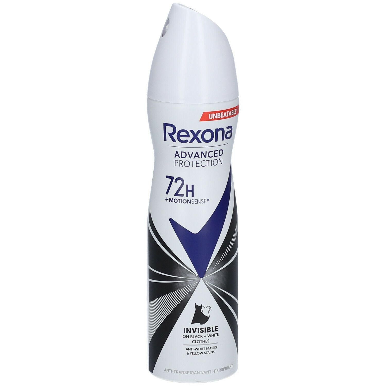 Rexona Advanced Protection Deo Spray, 72u bescherming, onzichtbaar op zwart-wit kleding.