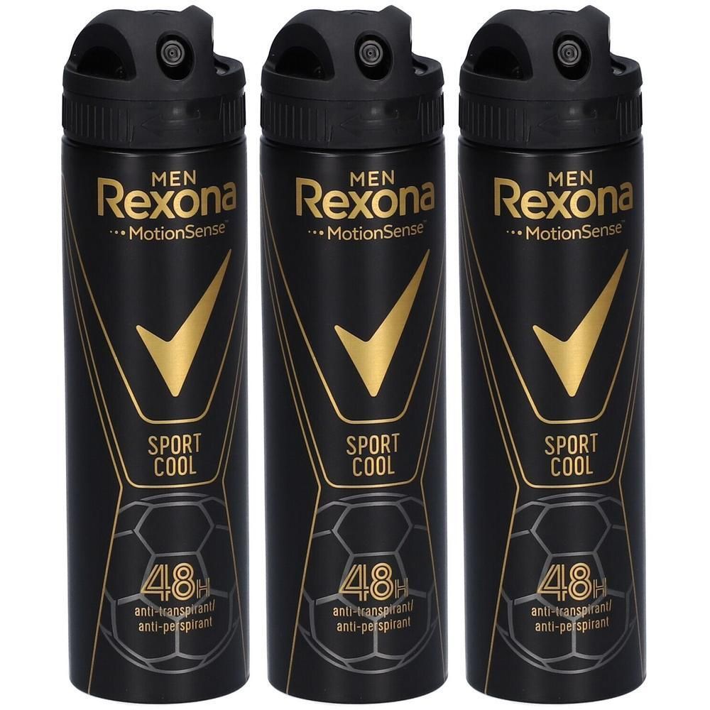 Trois déodorants Rexona Men Sport Cool noirs avec logo et inscription dorés.