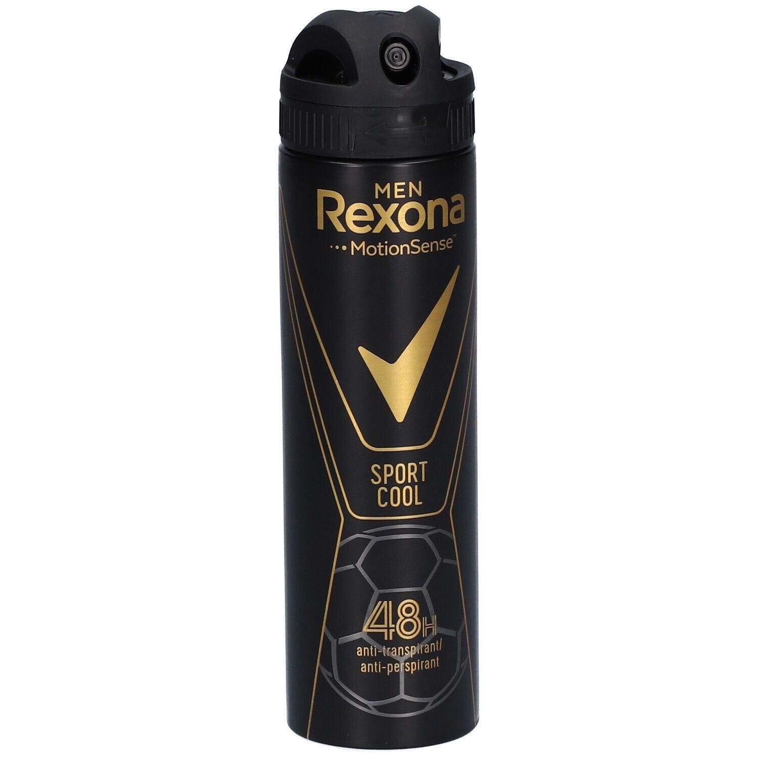 Déodorant spray Rexona Men Sport Cool, protection 48h. Flacon noir avec logo et inscription dorés.