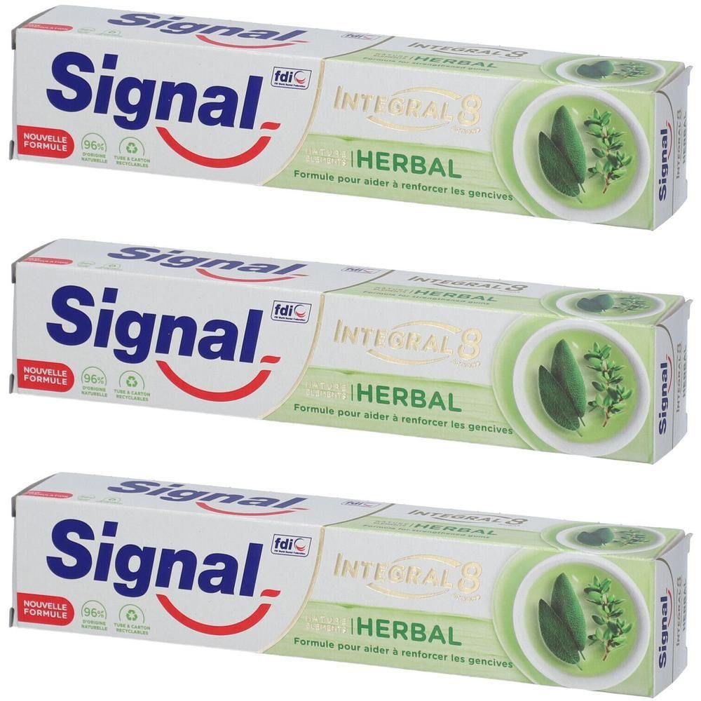 Trois paquets de dentifrice Signal Integral 8 Herbal avec illustrations de plantes.